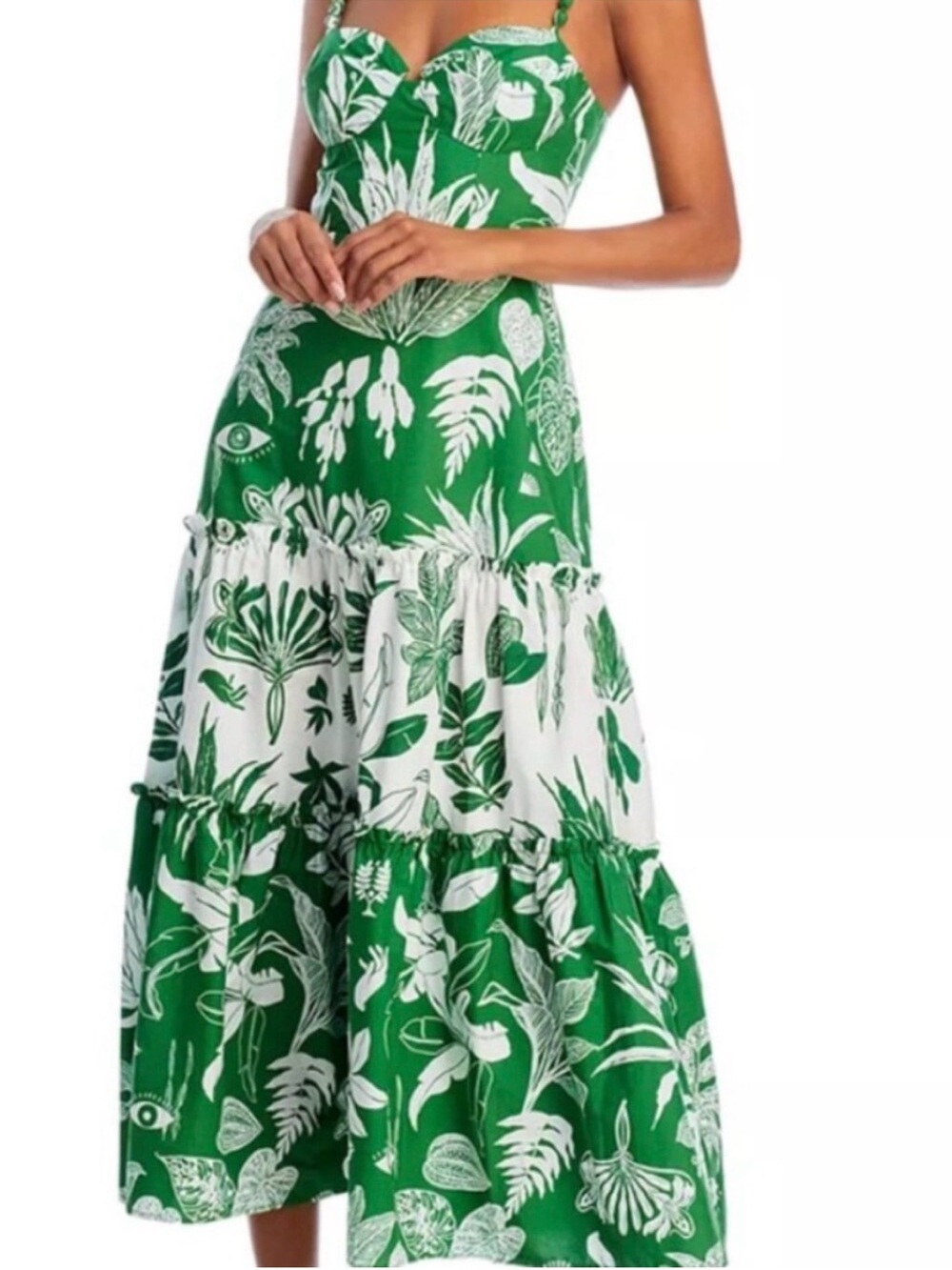 FARM Rio Green and White Botanical Tiered Maxi Dress
